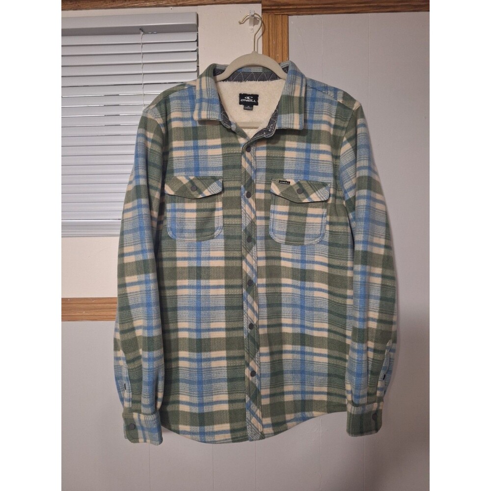 O'Neill Mens Sherpa Lined Green Plaid Snap Front Jacket Medium